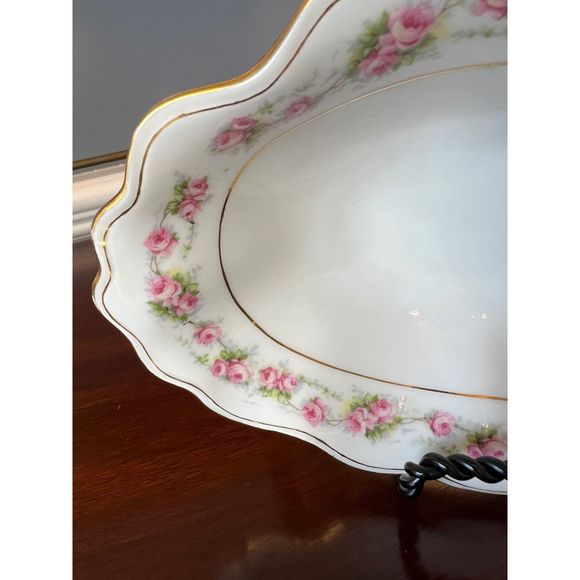 Vintage‎ Oval Oblong Serving Dish German Hand Painted Rose Gilt Ruffled Edge - Picture 3 of 6